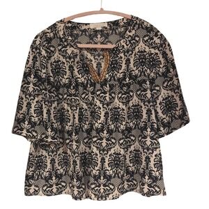 Painted Threads Damask Print Split Neck Blouse Black‎ Cream Sz M Boho USA